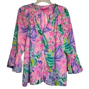Lilly Pulitzer Flutter Sleeve Smocked Neck Top Blouse Women's Size L Palm Floral